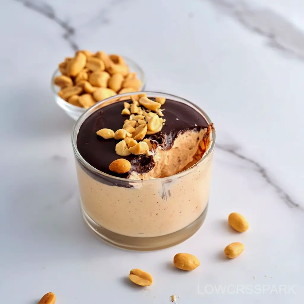 Jar of Cottage Cheese Peanut Butter Mousse drizzled with dark chocolate and chopped peanuts — a simple High Protein Desserts snack.