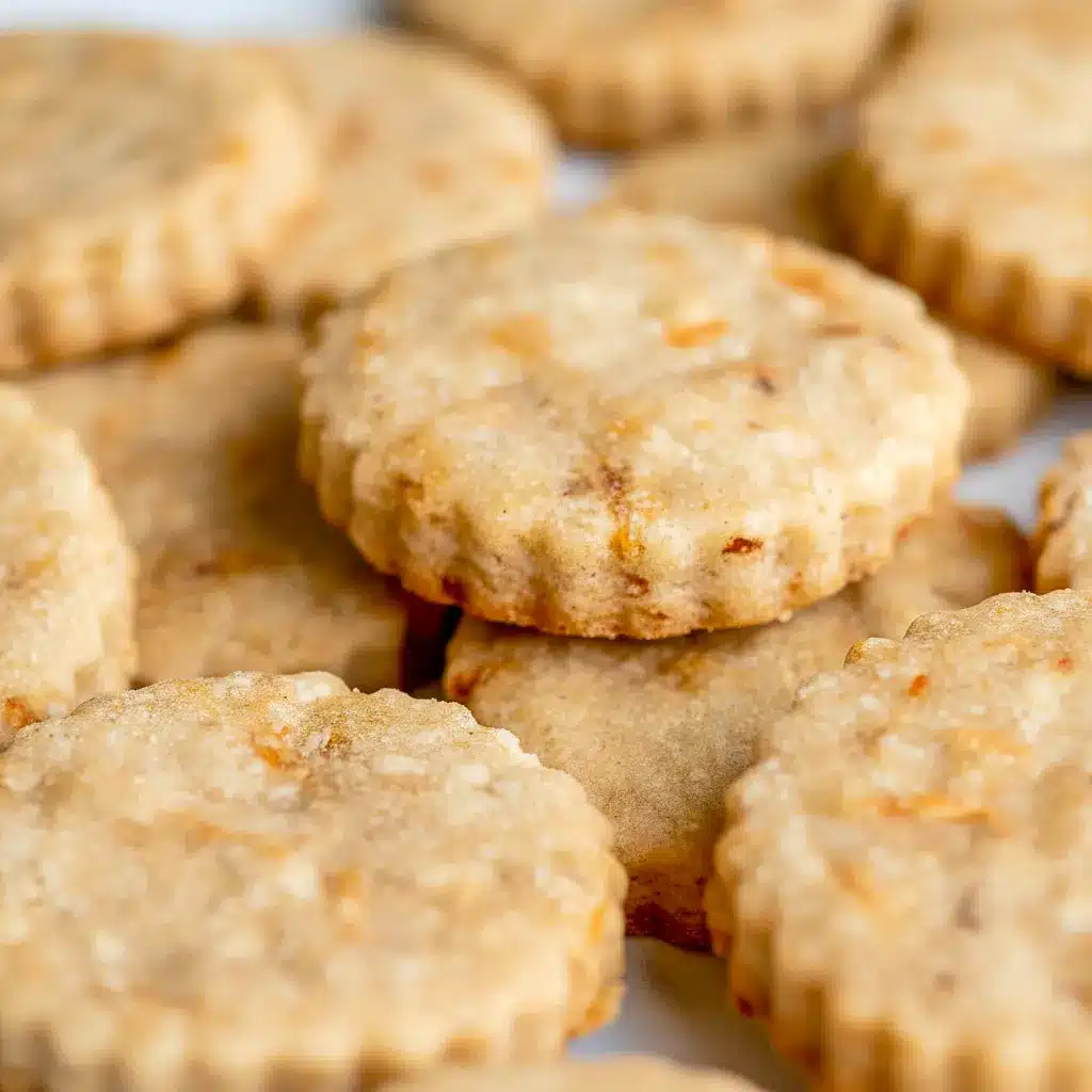 A plate of Carrot Cake Shortbread Cookies with a golden buttery texture, specks of carrot and walnut, and a light spring-inspired look for a cozy Carrot Cake Cookies pin.