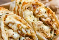 Close-up of Cheesy Garlic Chicken Wraps sliced open with melted cheese, garlic chicken filling, and golden crispy tortillas, styled as an easy Yummy Dinners idea.