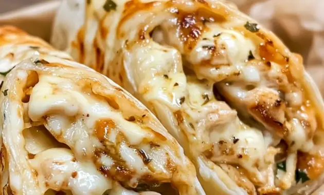 Close-up of Cheesy Garlic Chicken Wraps sliced open with melted cheese, garlic chicken filling, and golden crispy tortillas, styled as an easy Yummy Dinners idea.