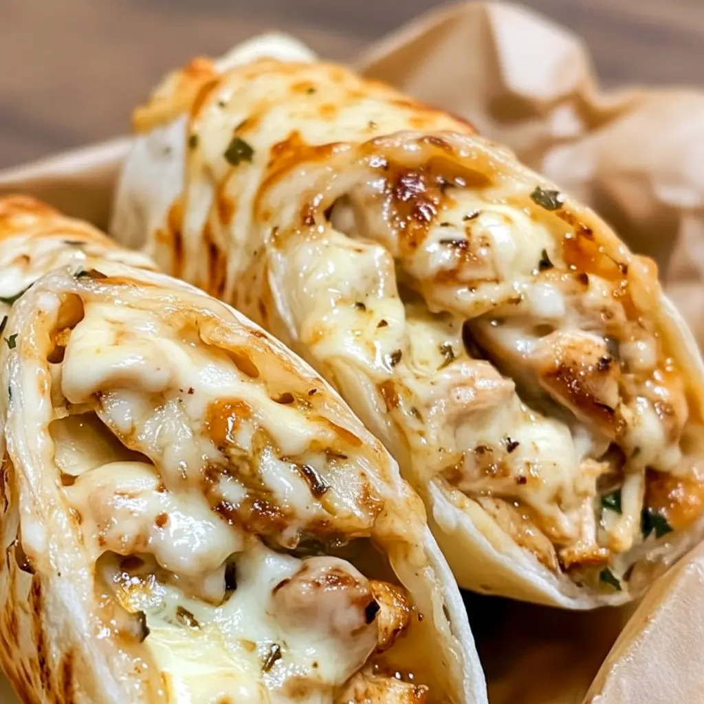 Close-up of Cheesy Garlic Chicken Wraps sliced open with melted cheese, garlic chicken filling, and golden crispy tortillas, styled as an easy Yummy Dinners idea.