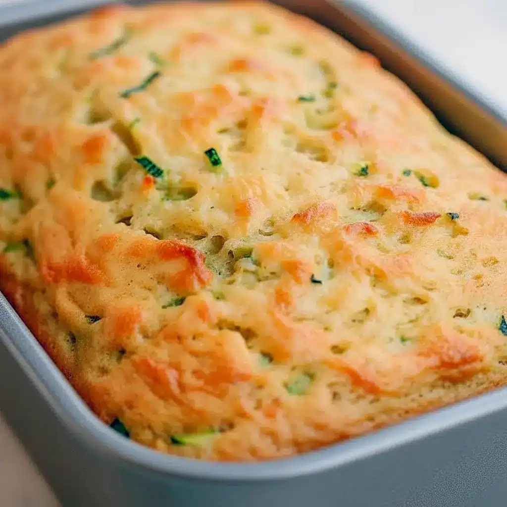 Slice of Zucchini Cheddar Bread on a wooden board, showing gooey cheddar and flecks of green zucchini.