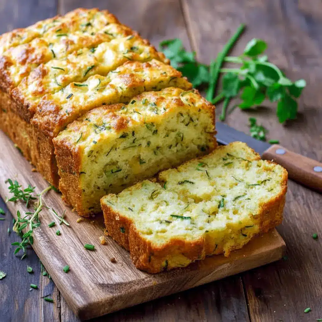 Slice of Zucchini Cheddar Bread on a wooden board, showing gooey cheddar and flecks of green zucchini.