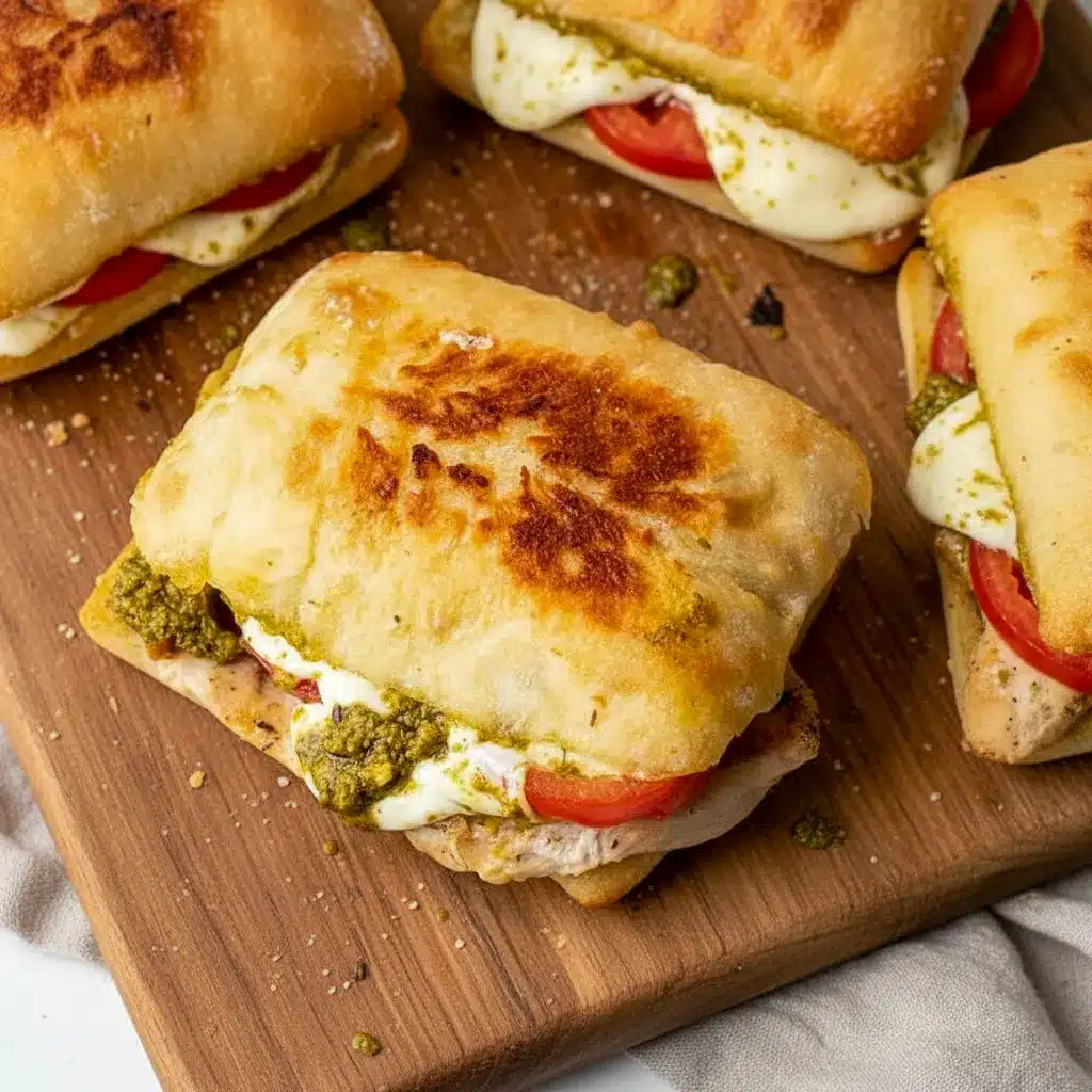 Chicken Pesto Sandwich on toasted ciabatta with juicy chicken, melted mozzarella, tomato slices, and pesto for a quick Healthy Chicken Sandwich Recipes style dinner.
