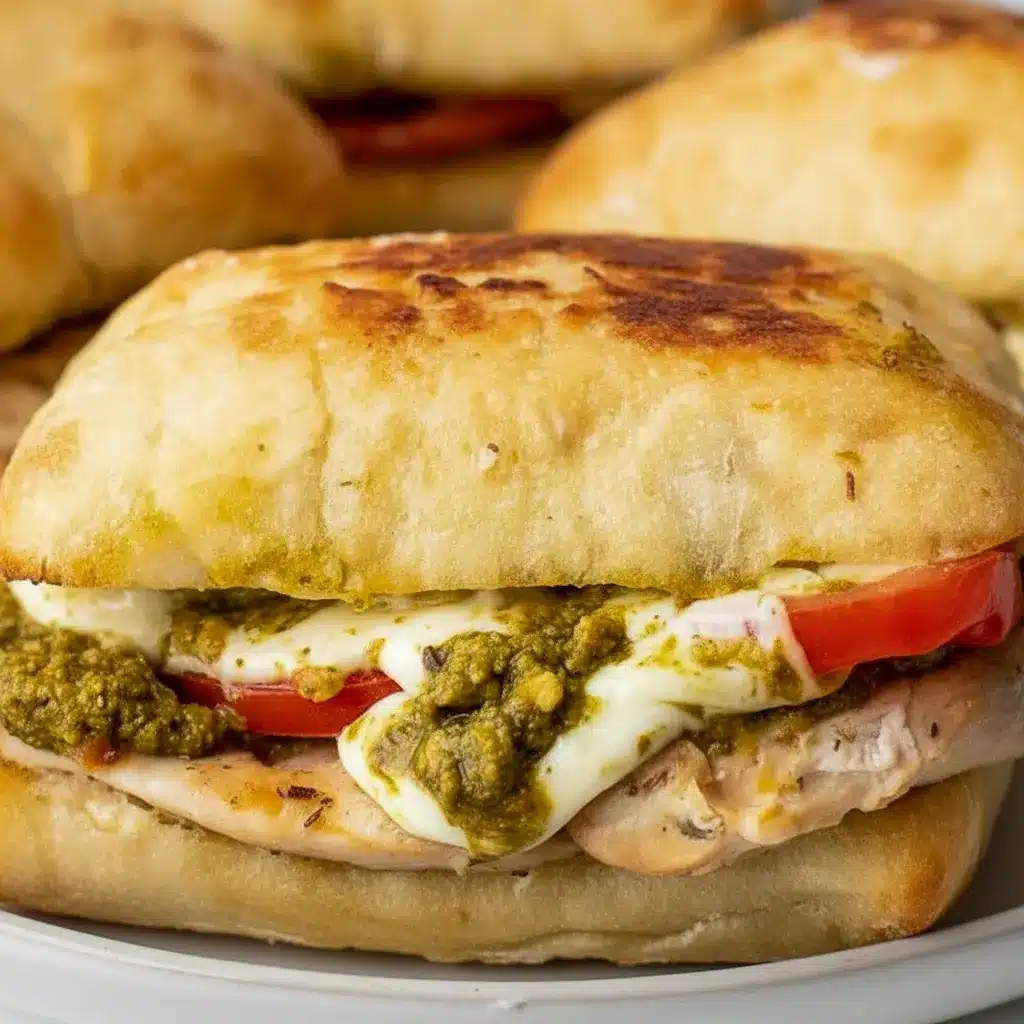 Chicken Pesto Sandwich on toasted ciabatta with juicy chicken, melted mozzarella, tomato slices, and pesto for a quick Healthy Chicken Sandwich Recipes style dinner.