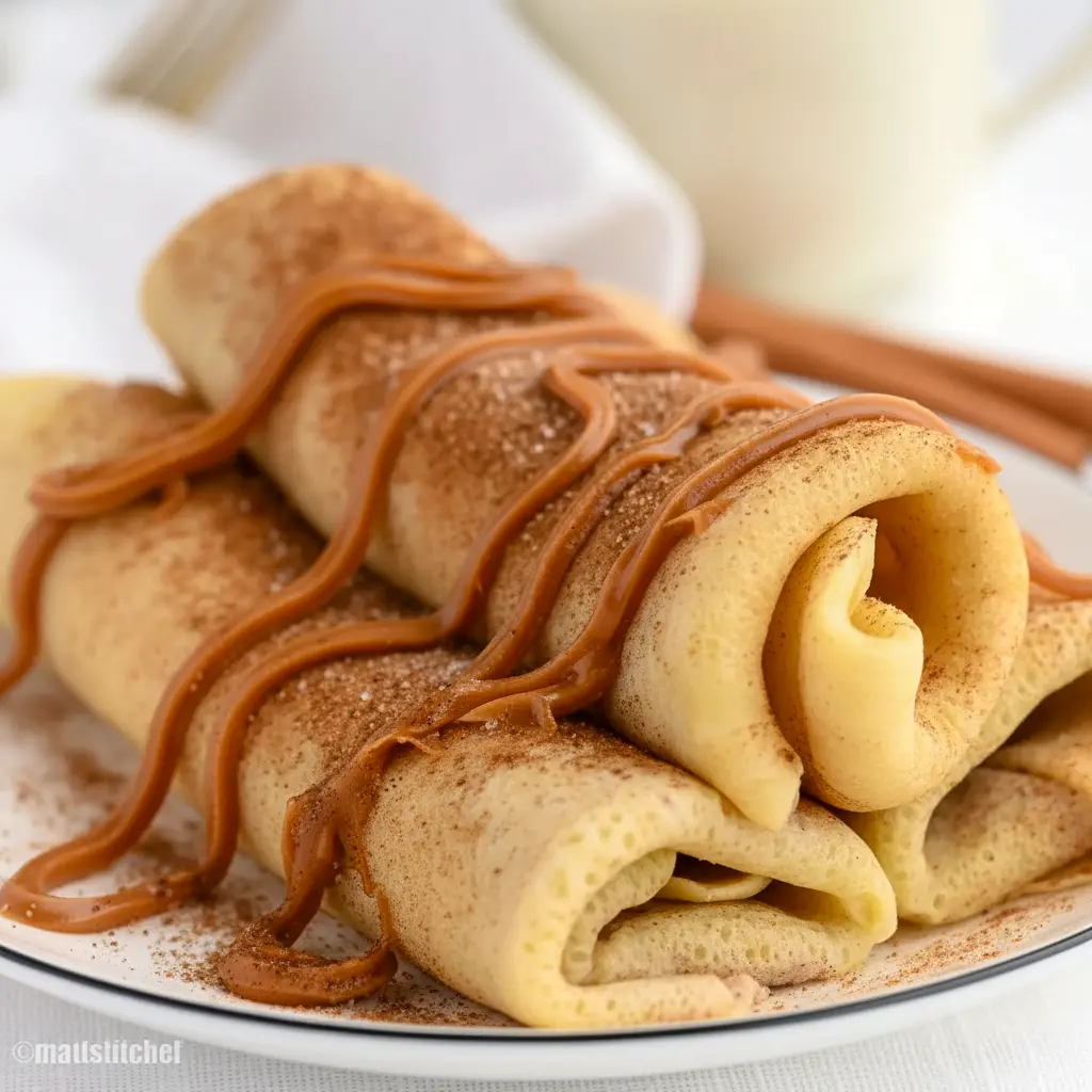 Plate of Cinnamon Roll Protein Crepes rolled and dusted with cinnamon, showing the creamy filling — a tasty example of Super Simple High Protein Meals.