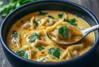Warm bowl of Thai Potsticker Soup with tender dumplings, cilantro, and scallions in a creamy broth — a comforting Asian Soup shot.