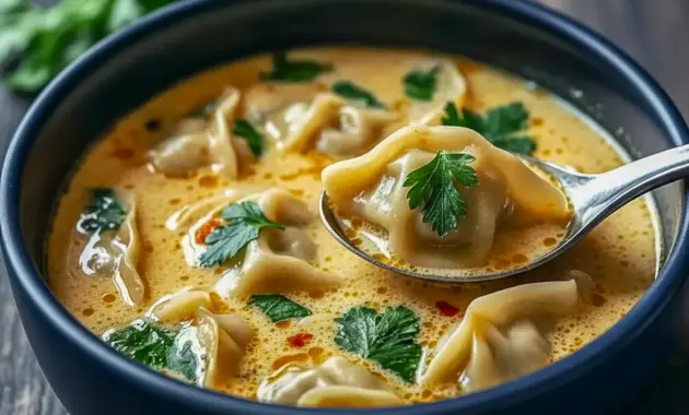 Warm bowl of Thai Potsticker Soup with tender dumplings, cilantro, and scallions in a creamy broth — a comforting Asian Soup shot.