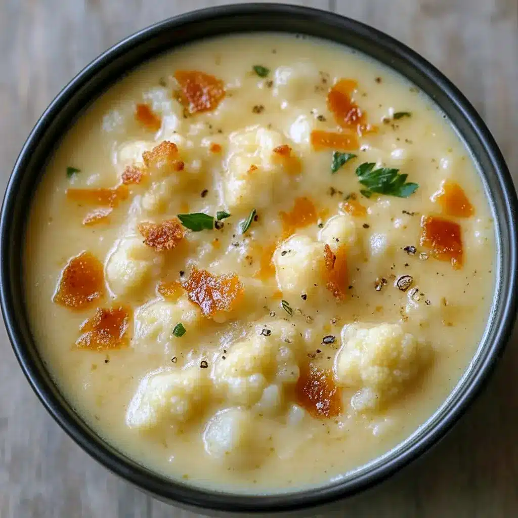 Bowl of Creamy Cheddar Cauliflower and Roasted Garlic Soup topped with chopped chives, with a slice of crusty bread on the side.