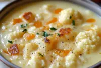 Bowl of Creamy Cheddar Cauliflower and Roasted Garlic Soup topped with chopped chives, with a slice of crusty bread on the side.