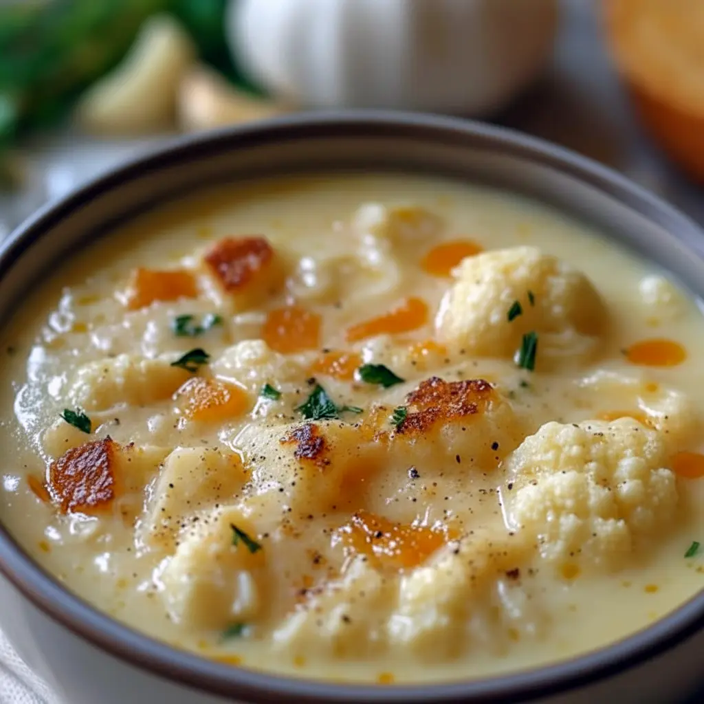 Bowl of Creamy Cheddar Cauliflower and Roasted Garlic Soup topped with chopped chives, with a slice of crusty bread on the side.