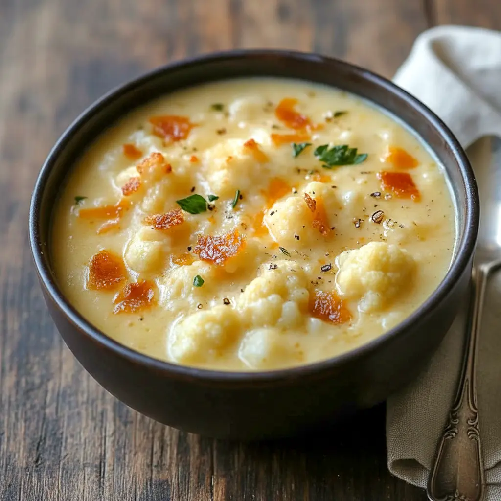 Bowl of Creamy Cheddar Cauliflower and Roasted Garlic Soup topped with chopped chives, with a slice of crusty bread on the side.