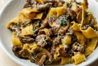 Garlic Mushroom Pasta in a shallow bowl: creamy sauce coating fettuccine, golden-browned mushrooms, grated Parmesan, and a sprinkle of parsley.