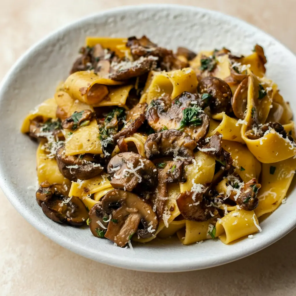 Garlic Mushroom Pasta in a shallow bowl: creamy sauce coating fettuccine, golden-browned mushrooms, grated Parmesan, and a sprinkle of parsley.