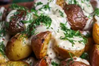 A bowl of Mustard Roasted Potatoes served hot as a golden, creamy, and comforting dinner side.