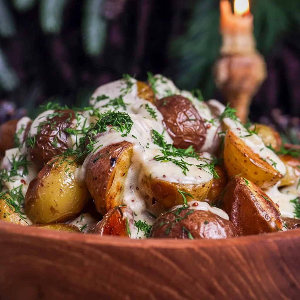 A bowl of Mustard Roasted Potatoes served hot as a golden, creamy, and comforting dinner side.
