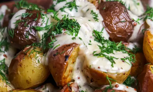 A bowl of Mustard Roasted Potatoes served hot as a golden, creamy, and comforting dinner side.