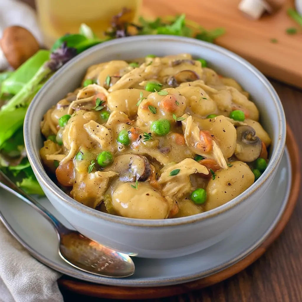 Steaming bowl of One Pot Gnocchi Chicken Pot Pie with creamy sauce, chicken, peas, carrots, and pillowy gnocchi — a cozy Soft Foods Dinner and comforting Supper Tonight idea.