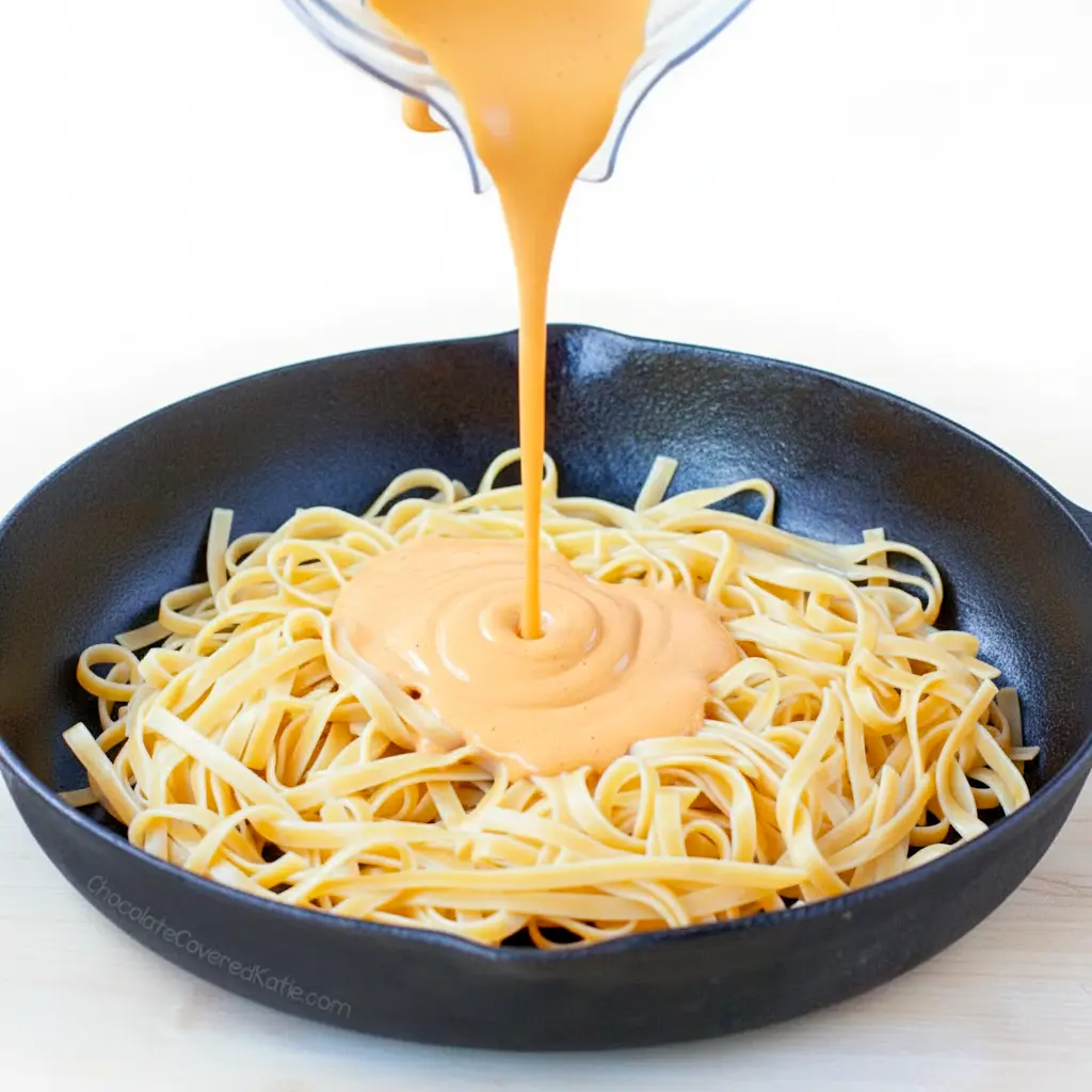 Plate of Red Pepper Alfredo Pasta — creamy red sauce coating fettuccine with a basil garnish, close-up overhead shot.