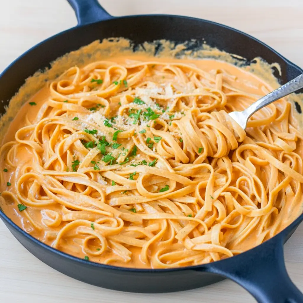 Plate of Red Pepper Alfredo Pasta — creamy red sauce coating fettuccine with a basil garnish, close-up overhead shot.