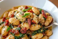 Skillet of creamy Tuscan Butter Beans with wilted spinach and sun-dried tomatoes — rustic Butter Beans Recipe served as a tasty Vegetable Side Dishes option.