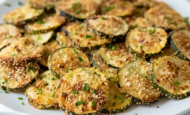 A plate of Crispy Baked Zucchini Chips with a crunchy golden coating, served as Healthy Baked Zucchini Snack with dipping sauce on the side.