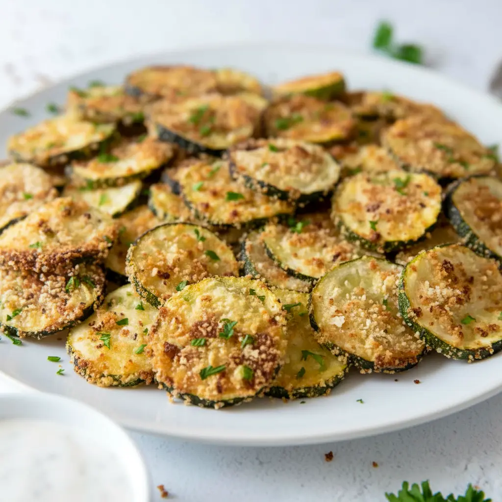 A plate of Crispy Baked Zucchini Chips with a crunchy golden coating, served as Healthy Baked Zucchini Snack with dipping sauce on the side.