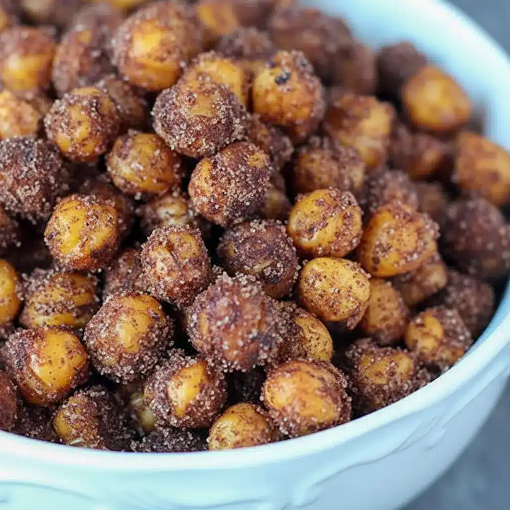 Cinnamon Roasted Chickpeas — golden, crispy chickpeas coated in cinnamon sugar and served in a rustic bowl; a close-up of Cinnamon Sugar Chickpeas ready to snack.