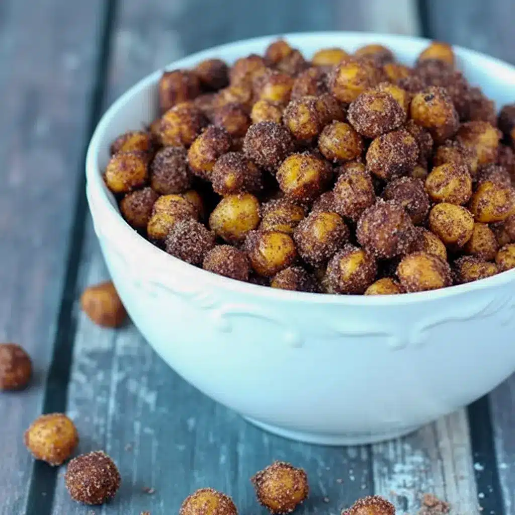 Cinnamon Roasted Chickpeas — golden, crispy chickpeas coated in cinnamon sugar and served in a rustic bowl; a close-up of Cinnamon Sugar Chickpeas ready to snack.