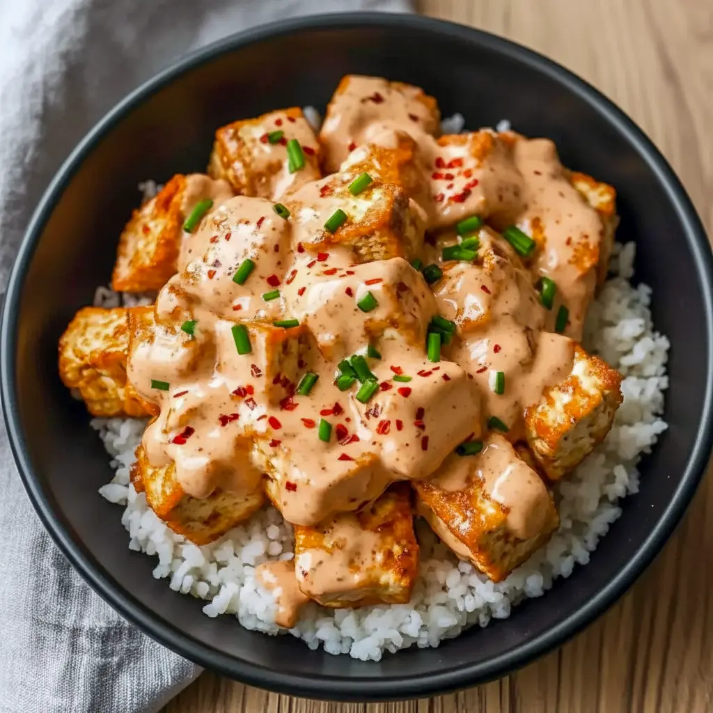 Crispy Bang Bang Tofu cubes glazed in spicy-sweet sauce over rice — a simple Fast Vegan Dinner and one of the Best Tofu Dinners.