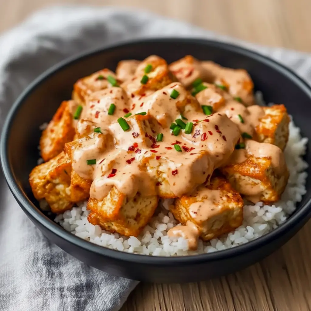 Crispy Bang Bang Tofu cubes glazed in spicy-sweet sauce over rice — a simple Fast Vegan Dinner and one of the Best Tofu Dinners.
