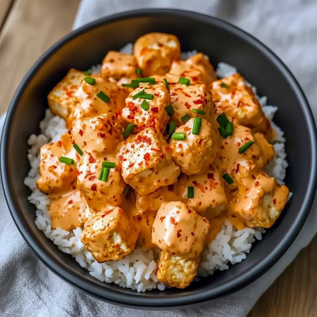 Crispy Bang Bang Tofu cubes glazed in spicy-sweet sauce over rice — a simple Fast Vegan Dinner and one of the Best Tofu Dinners.