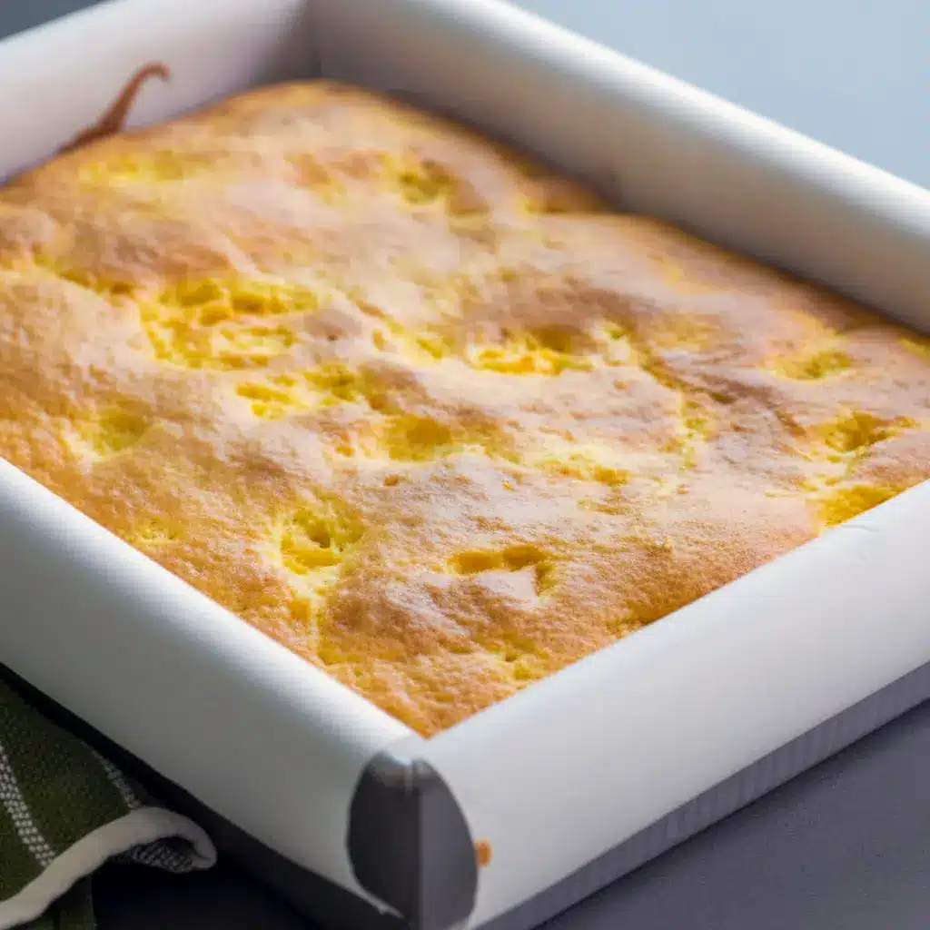 Brown Sugar Peach Cake in a 9x13 pan with tender yellow cake, fresh peach pieces, and a glossy brown sugar frosting on top.