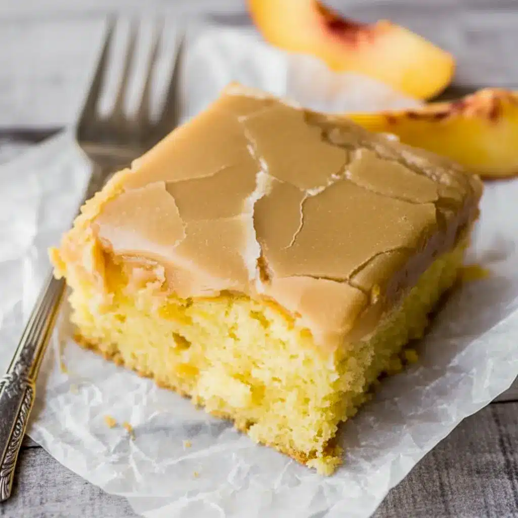 Brown Sugar Peach Cake in a 9x13 pan with tender yellow cake, fresh peach pieces, and a glossy brown sugar frosting on top.