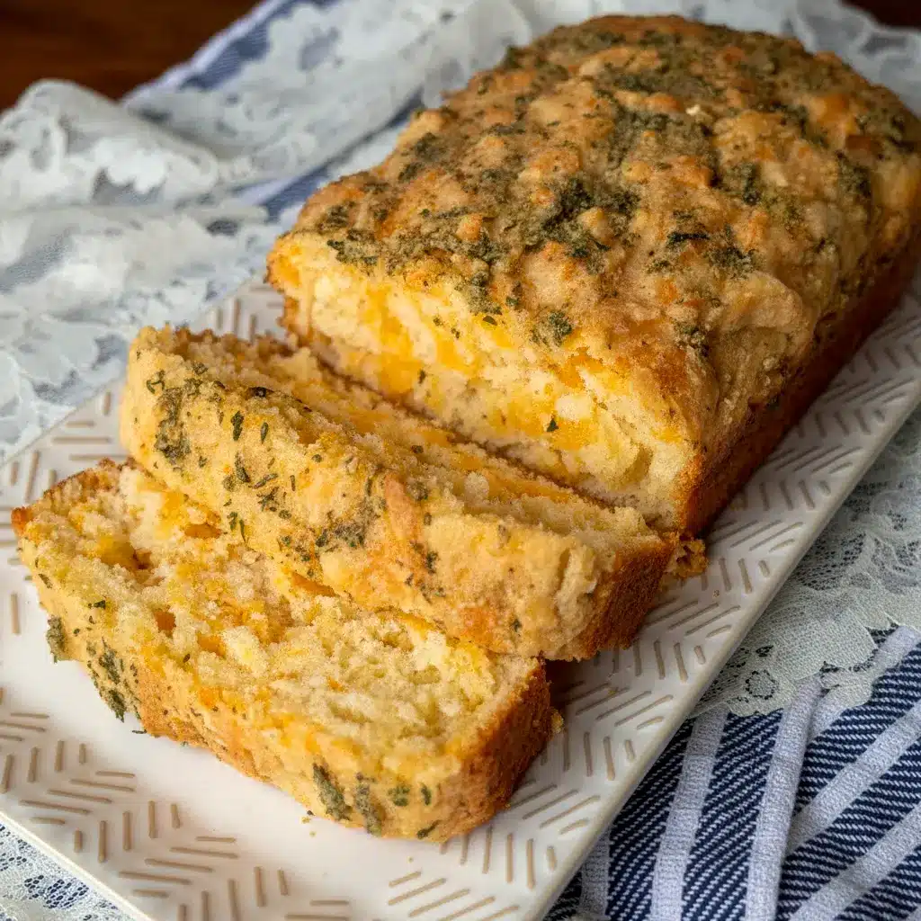 Loaf of Cheddar Bay Biscuit Bread sliced on a wooden board, topped with garlic-butter glaze and parsley — a delicious Side Bread Recipes option to pair with bowls of soup.