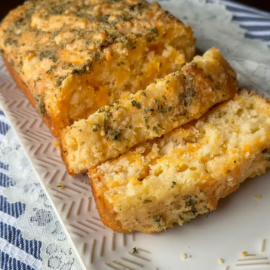 Loaf of Cheddar Bay Biscuit Bread sliced on a wooden board, topped with garlic-butter glaze and parsley — a delicious Side Bread Recipes option to pair with bowls of soup.
