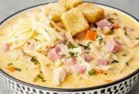 Bowl of Chicken Cordon Bleu Soup with shredded Swiss on top, tender chicken and ham pieces, and a scattering of golden croutons.