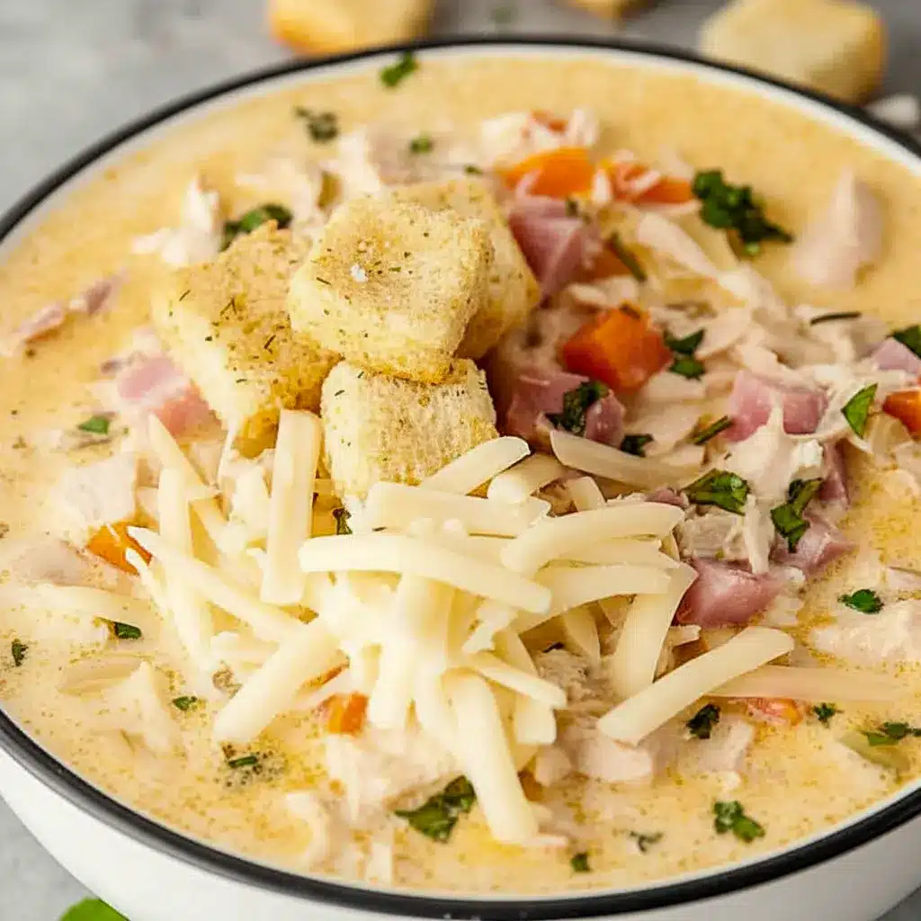 Bowl of Chicken Cordon Bleu Soup with shredded Swiss on top, tender chicken and ham pieces, and a scattering of golden croutons.