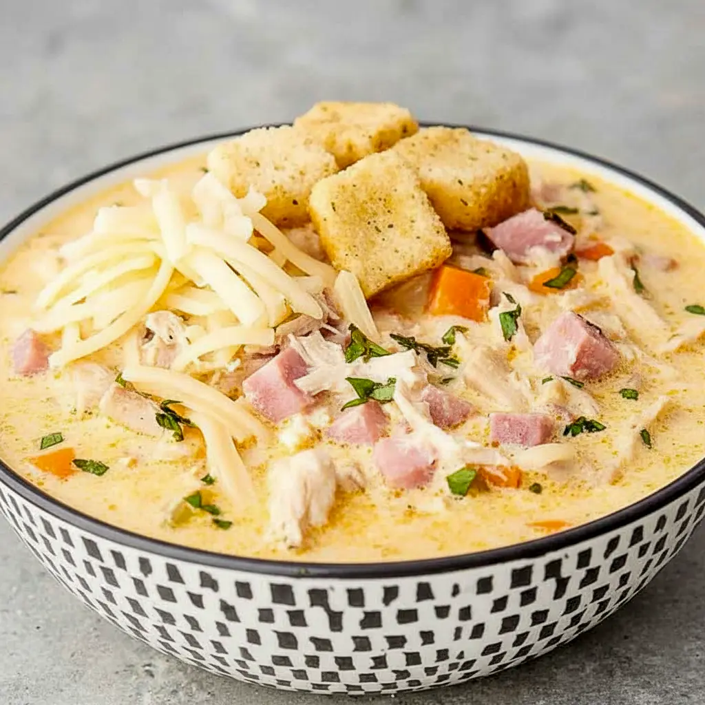 Bowl of Chicken Cordon Bleu Soup with shredded Swiss on top, tender chicken and ham pieces, and a scattering of golden croutons.