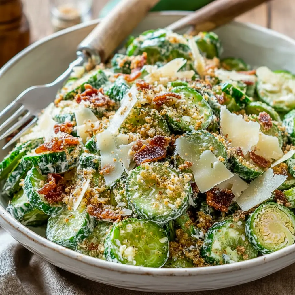 Cucumber Caesar Salad: thin cucumber rounds coated in creamy Caesar dressing, topped with golden croutons and grated Parmesan.