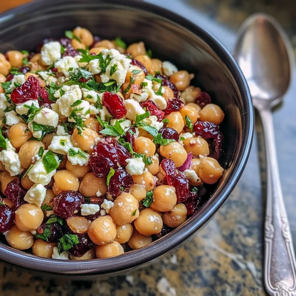Bright bowl of Feta and Cranberry Chickpeas with crumbled feta, dried cranberries, chopped nuts, and herbs — a vibrant, ready-to-serve side salad.