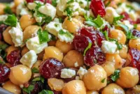 Bright bowl of Feta and Cranberry Chickpeas with crumbled feta, dried cranberries, chopped nuts, and herbs — a vibrant, ready-to-serve side salad.