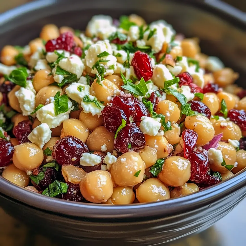Bright bowl of Feta and Cranberry Chickpeas with crumbled feta, dried cranberries, chopped nuts, and herbs — a vibrant, ready-to-serve side salad.
