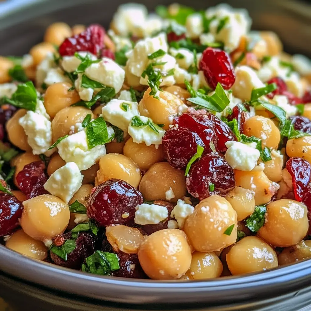 Bright bowl of Feta and Cranberry Chickpeas with crumbled feta, dried cranberries, chopped nuts, and herbs — a vibrant, ready-to-serve side salad.