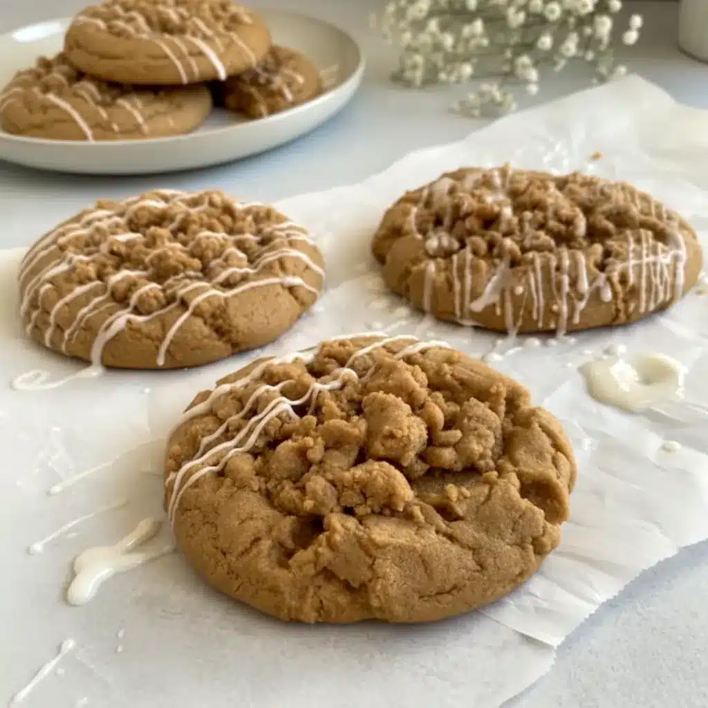 A close-up of Gilmore Girls Coffee Cake Cookies with golden edges, a soft center, cinnamon streusel topping, and vanilla icing, styled like cozy Coffee Cookies on a parchment-lined baking tray.