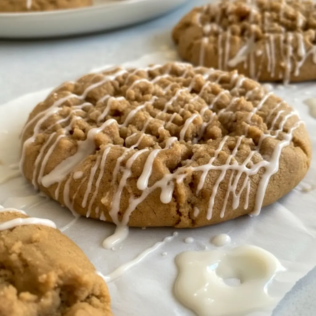 A close-up of Gilmore Girls Coffee Cake Cookies with golden edges, a soft center, cinnamon streusel topping, and vanilla icing, styled like cozy Coffee Cookies on a parchment-lined baking tray.
