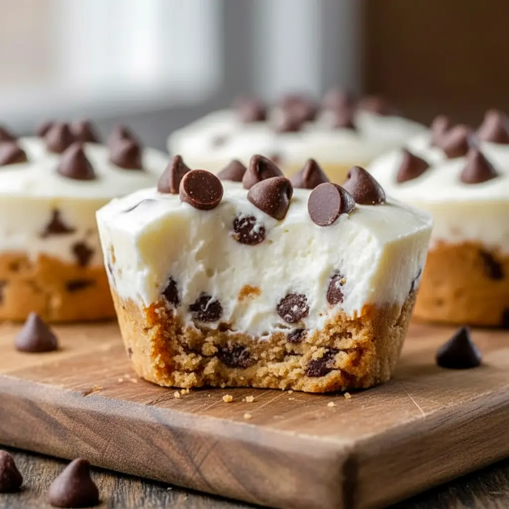 Close-up of chilled Cookie Dough Cups topped with creamy yogurt and mini chocolate chips — a ready-to-go High Protein Yogurt option and ideal Healthy Protein Snacks.