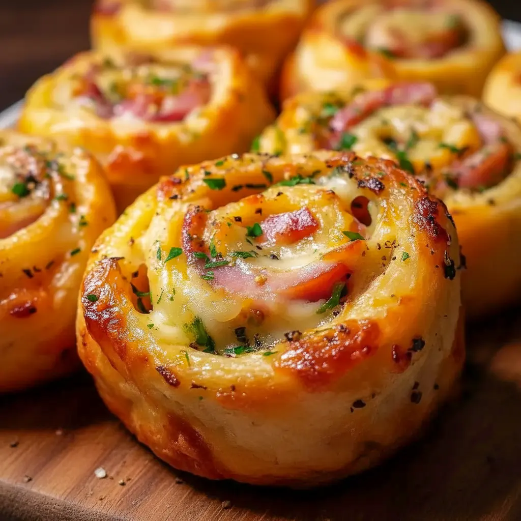 Golden Ham And Cheese pinwheels on a platter, flaky and savory — tasty Ham Appetizers for Easter or party spreads.