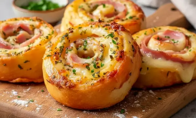 Golden Ham And Cheese pinwheels on a platter, flaky and savory — tasty Ham Appetizers for Easter or party spreads.