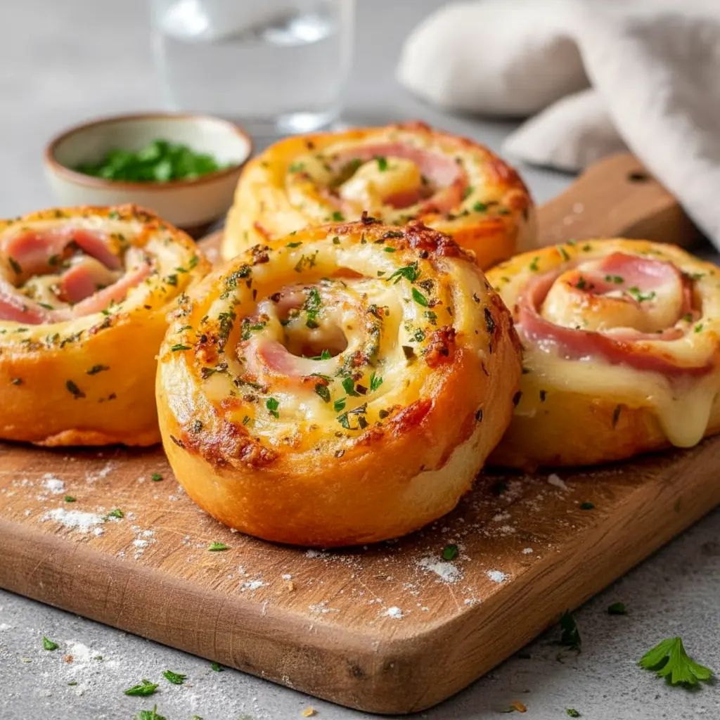 Golden Ham And Cheese pinwheels on a platter, flaky and savory — tasty Ham Appetizers for Easter or party spreads.